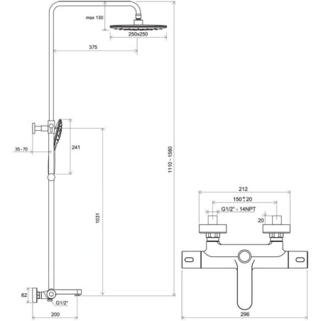 Ravak Termo - Set de douche 250 avec thermostat de baignoire, 250 mm, 3 jets, chrome X070163