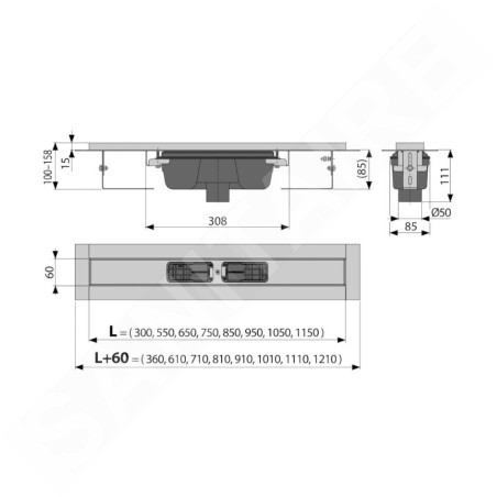 Alcadrain Douchegoten - Caniveau de douche 850 mm, avec rebord pour grille perforée, acier inoxydable APZ1001-850