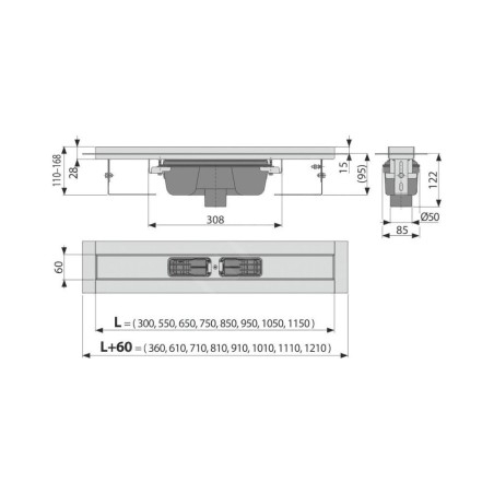 Alcadrain Douchegoten - Caniveau de douche Professional 950 mm, avec rebord pour grille pleine, évacuation verticale, inox