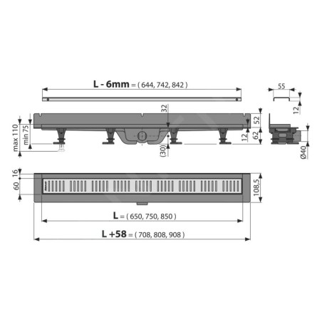 Alcadrain Douchegoten - Caniveau de douche Wall 850 mm, avec collier de fixation au mur, inox mat APZ30-850M