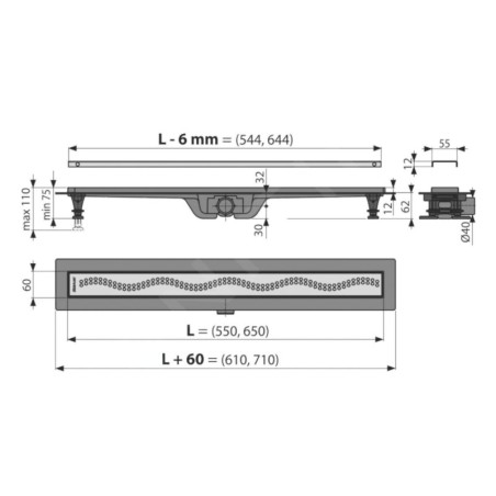 Alcadrain Douchegoten - Bac à douche Simple 550 mm, avec bord pour grille perforée, grille incluse, tapis en acier inoxydable