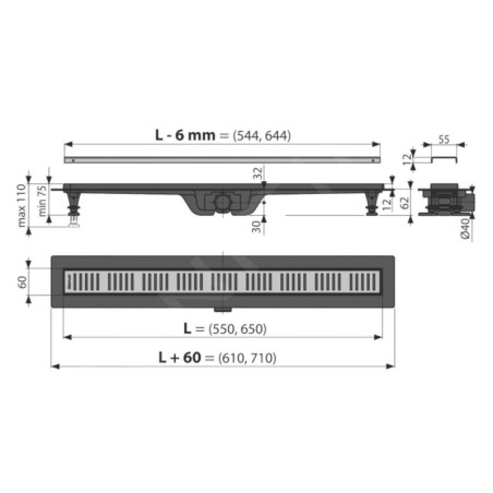 Alcadrain Douchegoten - Bac à douche Simple 750 mm, avec rebord pour grille perforée, incl. grille, laiton APZ10BLACK-750BRASS