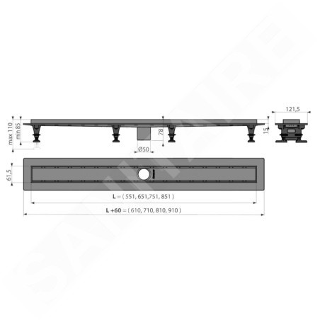 Alcadrain Douchegoten - Caniveau de douche Optimal 550 mm, avec rebord pour grille perforée ou insertion de tuiles, sans