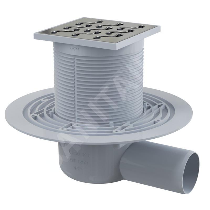 Alcadrain Douchegoten - Siphon de sol, côté 105x105 mm, diamètre 50 mm, arrêt des odeurs d'eau, acier inoxydable/plastique