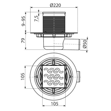 Alcadrain Douchegoten - Siphon de sol, côté 105x105 mm, diamètre 50 mm, arrêt des odeurs d'eau, acier inoxydable/plastique