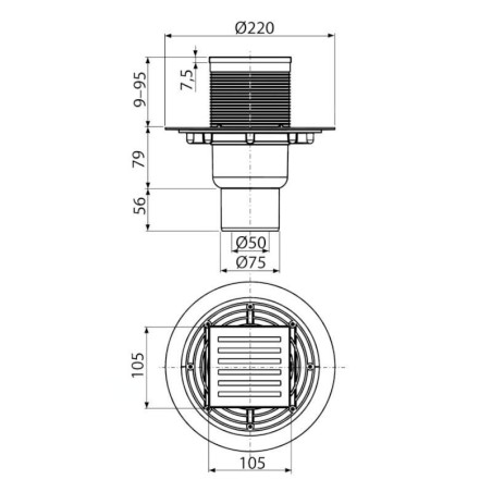 Alcadrain Douchegoten - Siphon de sol 105x105 mm, diamètre 50/75 mm, arrêt des odeurs d'eau, acier inoxydable/plastique APV203