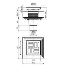 Alcadrain Douchegoten - Siphon de sol, droit 150x150 mm, diamètre 50/75 mm, 2ème niveau d'isolation, acier inoxydable/plastique