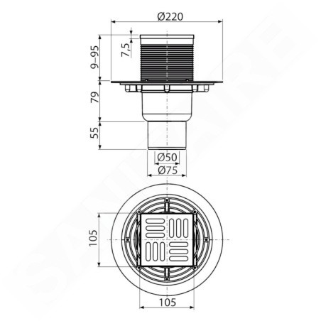 Alcadrain Douchegoten - Siphon de sol 105x105 mm, diamètre 50/75 mm, bouchon anti-odeur combiné SMART, acier