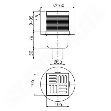 Alcadrain Douchegoten - Siphon de sol 105x105 mm, diamètre 50 mm, arrêt des odeurs d'eau, acier inoxydable/plastique APV2
