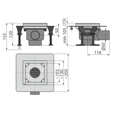 Alcadrain Douchegoten - Siphon de sol latéral 13x13 cm, combiné avec le bouchon anti-odeur SMART, sans grille APV130