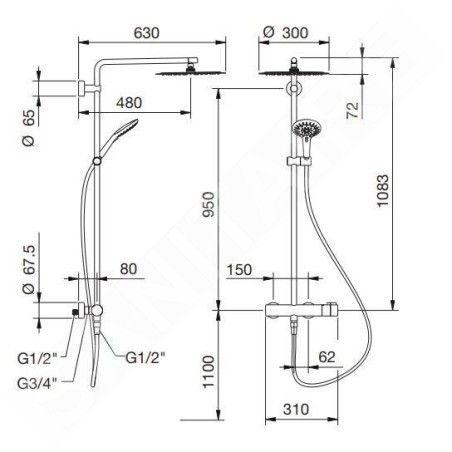 Laufen Twinplus - Set de douche avec thermostat, diamètre 30 cm, 3 jets, chrome HF905457100600