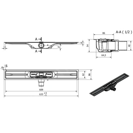 I-Drain Linear 54 - Receveur de douche en acier inoxydable PRO SS Linear, longueur 600 mm, avec étanchéité IP4M06001X1