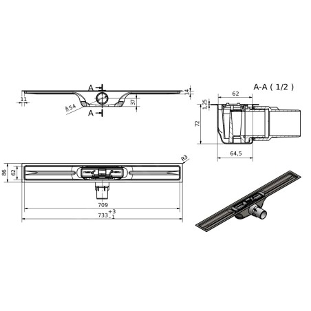 I-Drain Linear 72 - Receveur de douche en acier inoxydable PRO SS Linear, longueur 700 mm, avec étanchéité IP5M07001X1