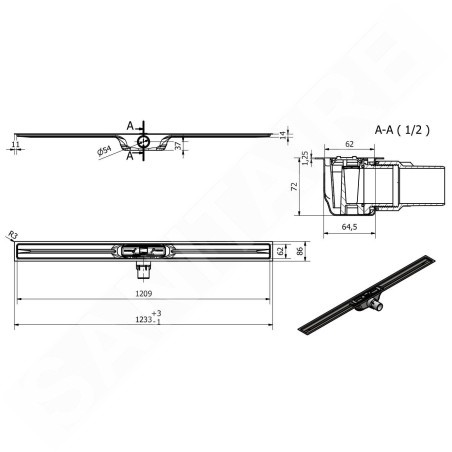 I-Drain Linear 72 - Receveur de douche en acier inoxydable PRO SS Linear, longueur 1200 mm, avec étanchéité IP5M12001X1