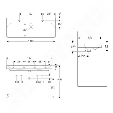 Geberit Smyle Square - Double lavabo 1200x480 mm, avec trop-plein, 2 trous pour robinetterie, blanc 500.253.01.1