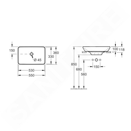 Villeroy & Boch Venticello - Vasque, 550x360 mm, avec trop-plein, sans trou pour mitigeur, CeramicPlus, blanc alpin 411355R1