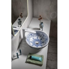 Sapho Priori - Lavabo, diamètre 420 mm, blanc avec motif en bleu PI012