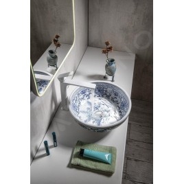 Sapho Priori - Lavabo, diamètre 420 mm, blanc avec motif en bleu PI012