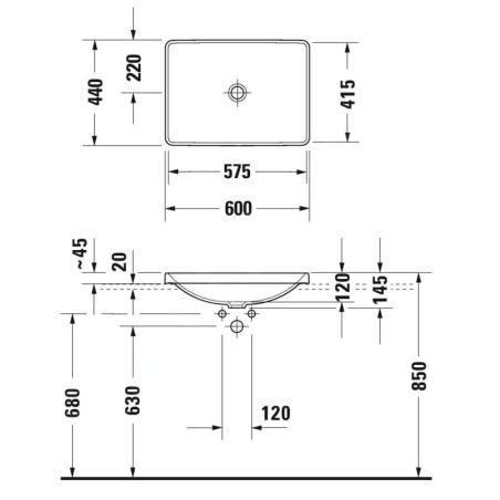 Duravit D-Neo - Vasque à encastrer 600x440 mm, sans trou pour robinetterie, blanc 0358600079