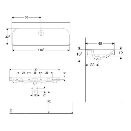 Geberit Smyle Square - Double lavabo 1200x480 mm, avec trop-plein, sans trou pour robinetterie, blanc 500.225.01.1