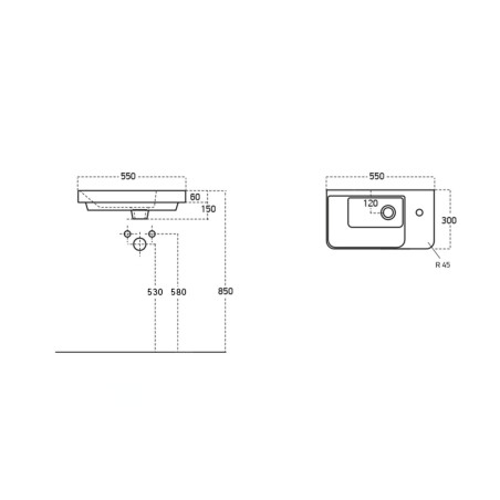 Sapho Lavabos - Lavabo Luxa 550x300 mm, avec un trou pour robinet, blanc 11054