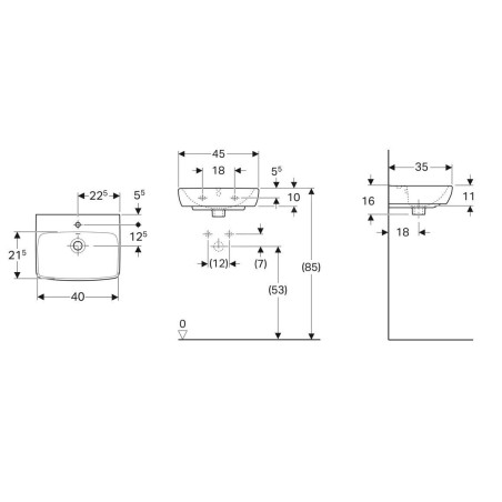 Geberit Selnova Square - Lave-mains 450x350 mm, avec un trou de robinetterie, avec trop-plein, blanc 500.322.01.7