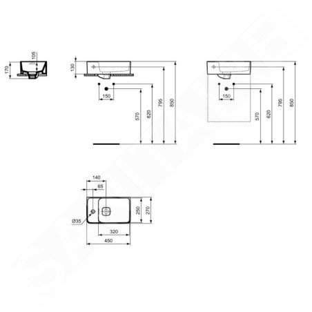 Ideal Standard Strada II - Lave-mains 450x270 mm, 1 trou pour robinet à gauche, blanc T299501