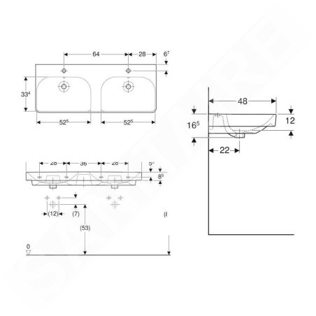Geberit Smyle Square - Double lavabo 1200x480 mm, avec trop-plein, 2 trous pour robinetterie, blanc 500.223.01.1