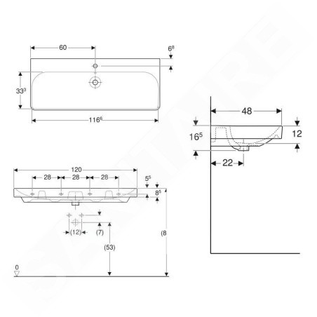 Geberit Smyle Square - Lavabo 1200x480 mm, avec trop-plein, trou pour robinetterie, blanc 500.226.01.1