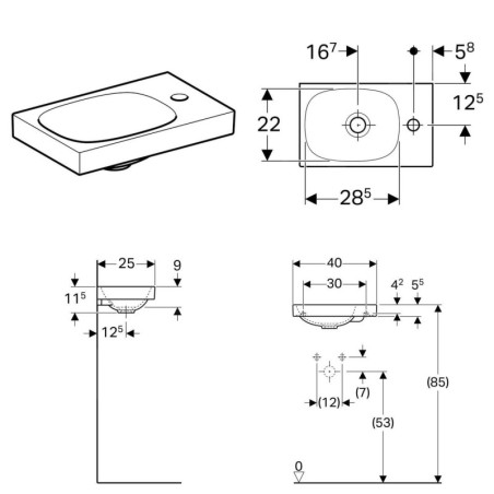 Geberit Acanto - Lave-mains 400x250 mm, avec 1 trou à droite, sans trop-plein, blanc 500.635.01.2
