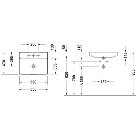 Duravit DuraSquare - Vasque 600x470 mm, avec un trou pour robinet, DuraCeram, blanc alpin 2354600041