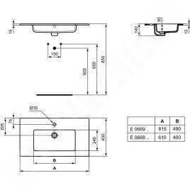 Ideal Standard Tempo - Lavabo à encastrer 815x450x140 mm, un trou pour mitigeur, blanc E066901