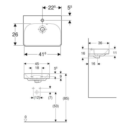 Geberit Smyle Square - lavebo 450x360 mm, avec trop-plein, trou pour robinetterie, blanc 500.222.01.1