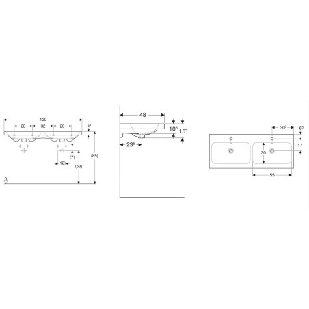 Geberit iCon - Double lavabo 1200x480 mm, avec trop-plein, 2 trous pour robinetterie, KeraTect, blanc 501.838.00.2