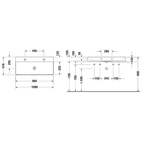 Duravit DuraSquare - Meuble-lavabo double 1000x470 mm, avec 2 trous pour robinet, DuraCeram, avec WonderGliss, blanc alpin