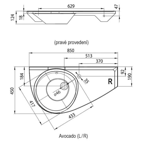 Ravak Avocado - Lavabo 850x450 mm, surface de desserte à droite, blanc XJ1P1100000