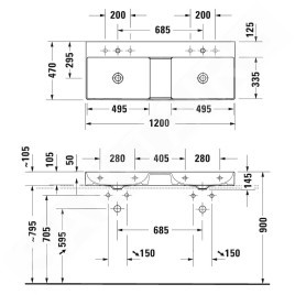 Duravit DuraSquare - Meuble-lavabo double 1200x470 mm, avec 2 trous pour robinet, DuraCeram, avec WonderGliss, blanc alpin