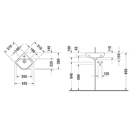 Duravit ME by Starck - Lave-mains d'angle 435x380 mm, avec 1 trou, avec WonderGliss, blanc alpin 07224300001