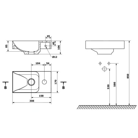 Sapho Small - Lave-mains Piccolino, 308x170 mm, sans trop-plein, trou pour robinet à droite, blanc PK305