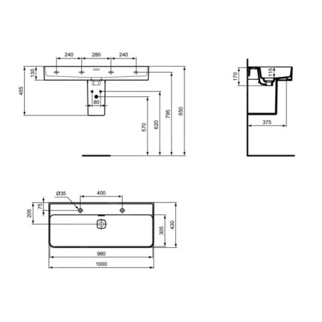 Ideal Standard Strada II - Meuble lavabo 1000x430 mm, avec trop-plein, 2 trous de robinetterie, blanc alpin T372401