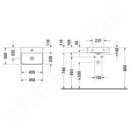 Duravit DuraSquare - Lave-mains 450x350 mm, avec un trou pour robinet, DuraCeram, blanc alpin 0732450041