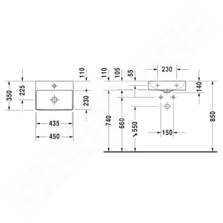 Duravit DuraSquare - Lave-mains 450x350 mm, avec un trou pour robinet, DuraCeram, blanc alpin 0732450041