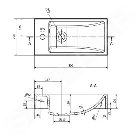 Sapho Small - Lavabo Ariana 500x100x250 mm, robinet à gauche, blanc SM012