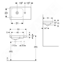 Geberit iCon - Lave-mains 530x310x130 mm, sans trop-plein, trou pour robinetterie à droite, blanc 501.832.00.1