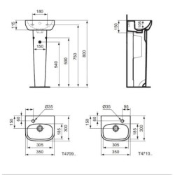 Ideal Standard i.Life A - Lave-mains 350x300 mm, avec trop-plein, trou pour robinetterie à gauche, blanc T470901
