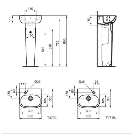Ideal Standard i.Life A - Lave-mains 350x300 mm, avec trop-plein, trou pour robinetterie à gauche, blanc T470901