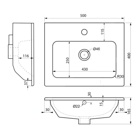 Sapho Lavabos - Lavabo 500x400 mm, avec trop-plein, trou pour robinet, blanc 44050