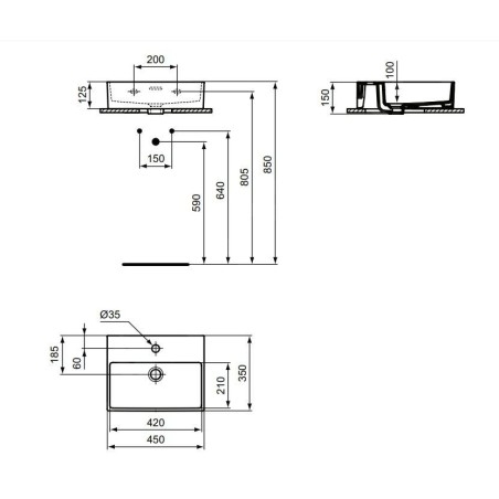 Ideal Standard Extra - Lave-main à poser 450x350 mm, avec trop-plein, trou pour robinet, blanc T391701