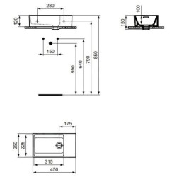 Ideal Standard Extra - Lave-main 450x250 mm, avec trop-plein, sans trou pour robinet, blanc T392201