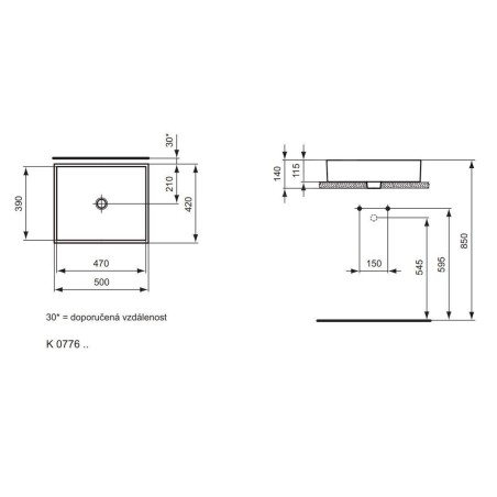 Ideal Standard Strada - Lavabo 500x420x145 mm, sans ouverture pour mitigeur, blanc K077601